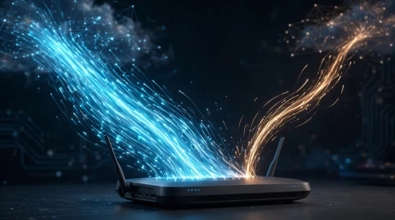 Router with incoming and outgoing data streams illustrating download speed versus upload speed