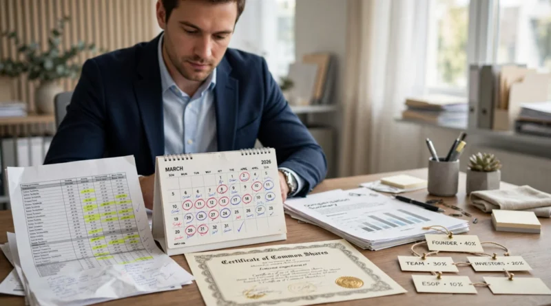 Employee reviewing an equity compensation package with vesting schedules and company shares