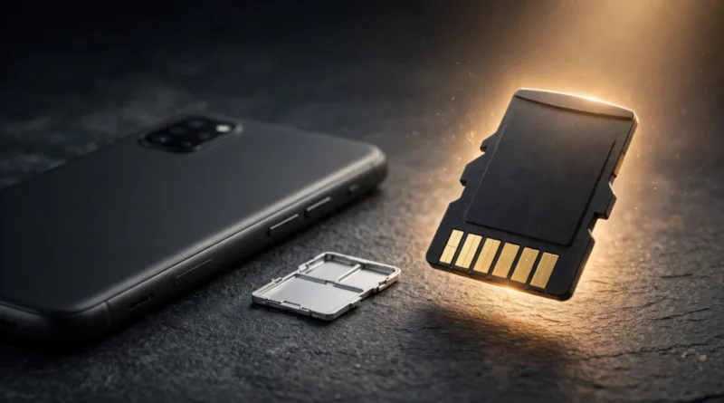 Smartphone and removable memory card illustrating expandable storage