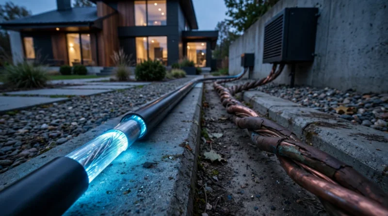 Fiber optic and copper lines illustrating fiber versus DSL home internet