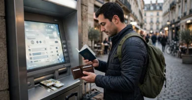International traveler withdrawing cash from a foreign ATM