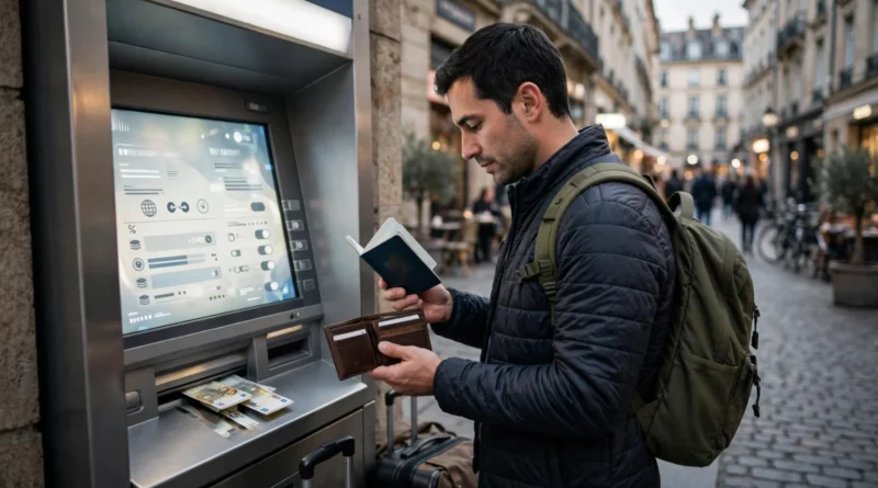 International traveler withdrawing cash from a foreign ATM