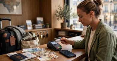 International traveler paying by card and reviewing foreign transaction fees