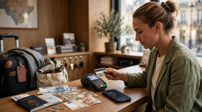 International traveler paying by card and reviewing foreign transaction fees