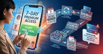Free trial button leading to automatic renewal, annual billing, cancellation deadlines and unexpected subscription charges.