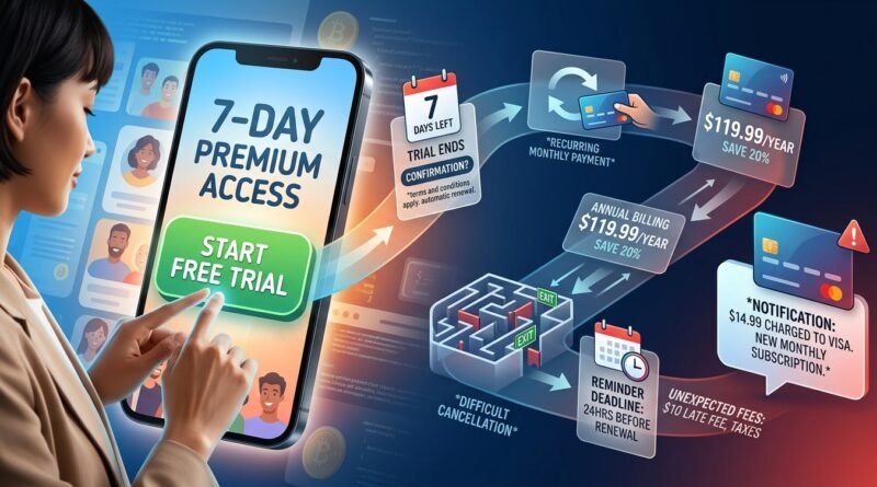 Free trial button leading to automatic renewal, annual billing, cancellation deadlines and unexpected subscription charges.