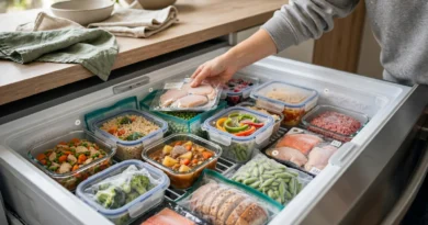 Organized freezer with portioned food and groceries stored to prevent spoilage