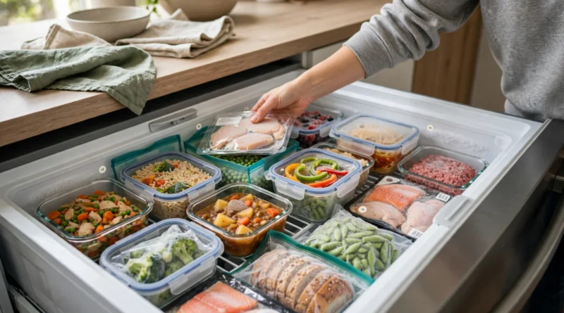 Organized freezer with portioned food and groceries stored to prevent spoilage