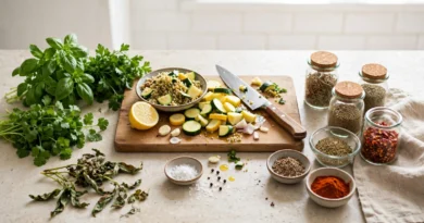 Fresh and dried herbs compared on a kitchen counter for cost, waste, and flavor