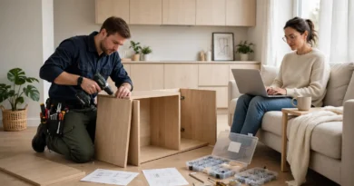 Professional assembling flat-pack furniture while the homeowner works nearby
