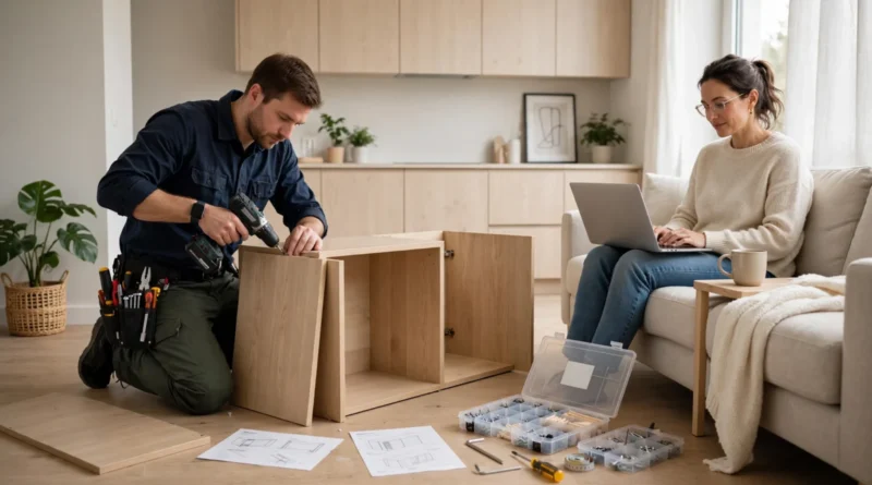 Professional assembling flat-pack furniture while the homeowner works nearby