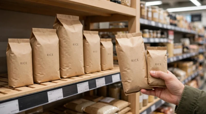 Shopper comparing different package sizes to evaluate grocery price per unit