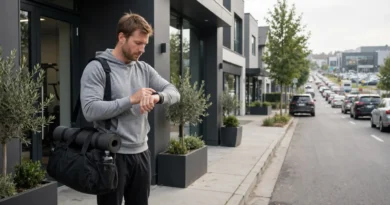 Person outside a nearby fitness center with a gym bag