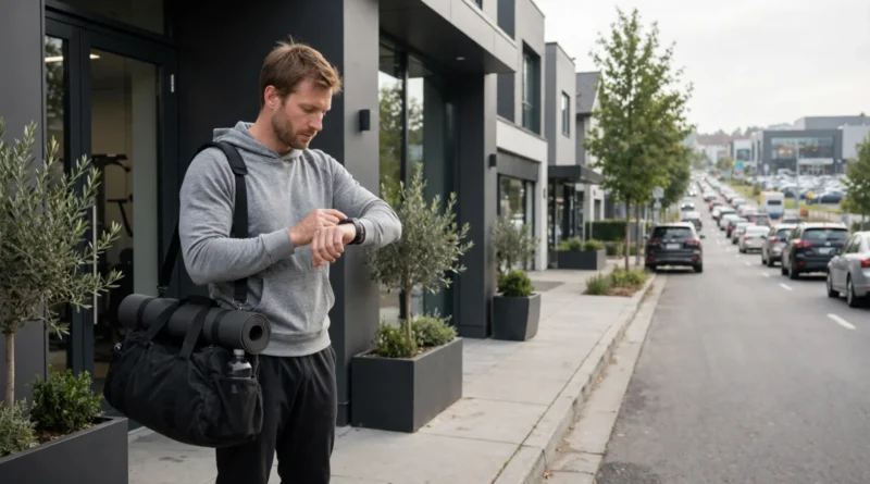 Person outside a nearby fitness center with a gym bag