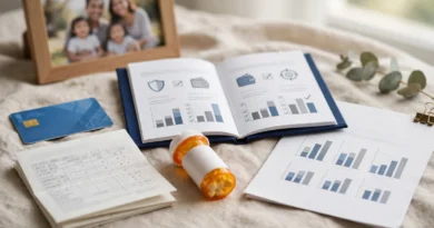 Employee health insurance benefits package with medical costs, coverage documents, and insurance card