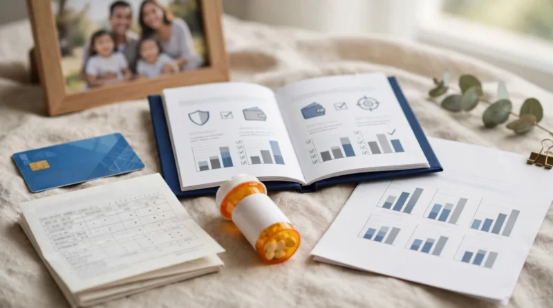 Employee health insurance benefits package with medical costs, coverage documents, and insurance card