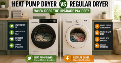 Heat pump dryer versus regular dryer comparison showing energy and operating cost differences