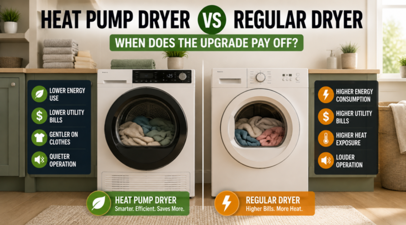 Heat pump dryer versus regular dryer comparison showing energy and operating cost differences