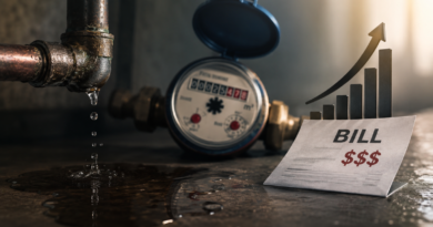 Small household water leak illustrating hidden water bills and potential home damage costs