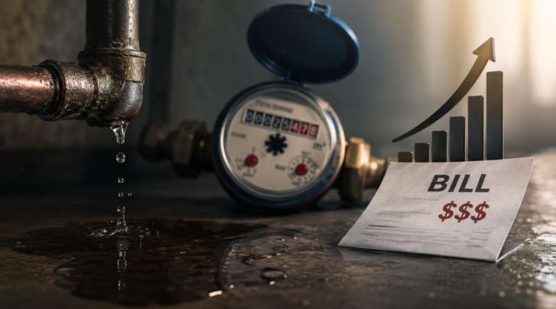 Small household water leak illustrating hidden water bills and potential home damage costs