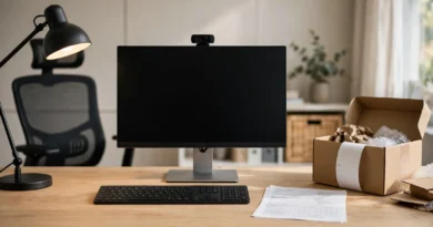 Home office equipment arranged with an employer reimbursement form and work expense receipts