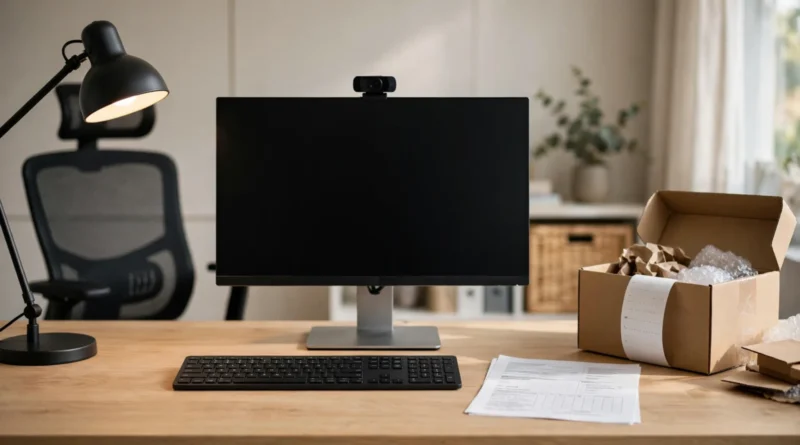Home office equipment arranged with an employer reimbursement form and work expense receipts