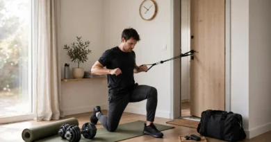 Person exercising at home with gym equipment and no commute required