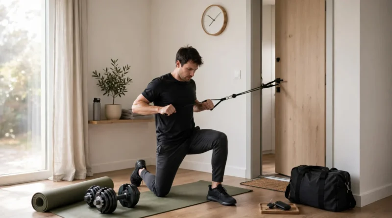 Person exercising at home with gym equipment and no commute required