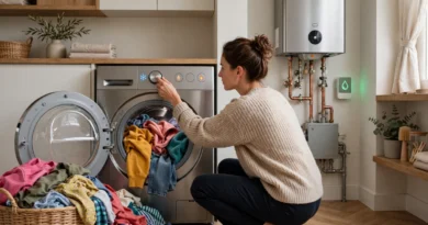 Person selecting a water temperature setting on a modern washing machine