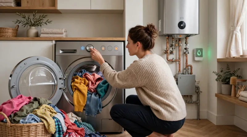 Person selecting a water temperature setting on a modern washing machine