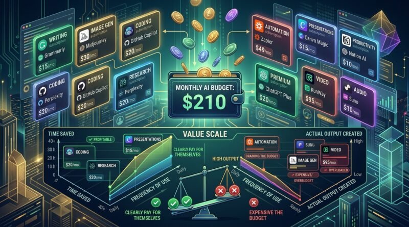 Multiple AI subscriptions compared by monthly price, usage frequency, time saved and practical value.