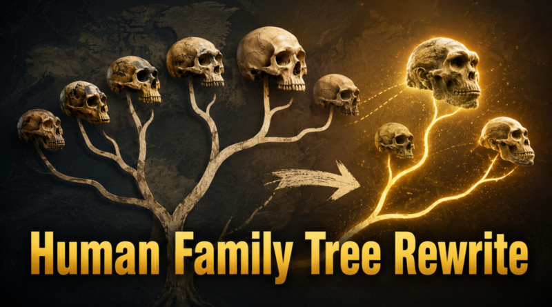 Human evolution family tree illustration showing a possible scientific rewrite