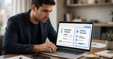 Customer choosing between a standard and instant bank transfer
