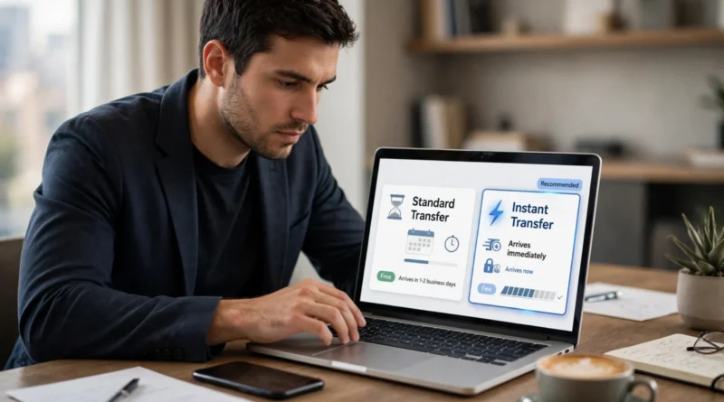 Customer choosing between a standard and instant bank transfer