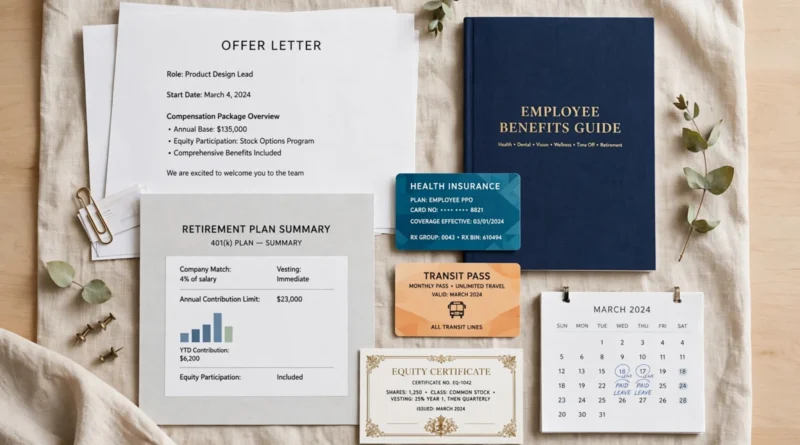 Job offer package showing salary, benefits, paid leave, retirement, and equity compensation