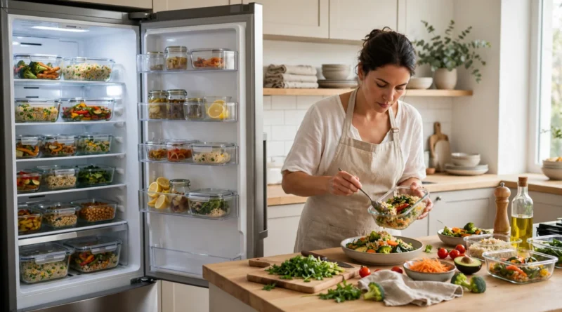Organized leftovers being stored and reused to reduce household food waste