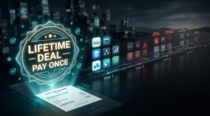 Lifetime software deal offer contrasted with product shutdown, feature limits, paid upgrades and support risks.