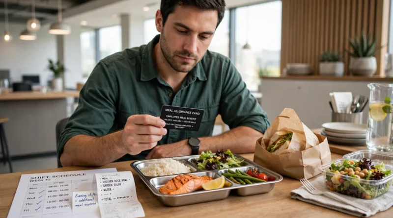 Workplace meal allowance shown with lunch, receipt, shift schedule, and employer meal benefit