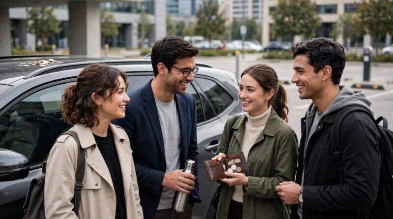 Coworkers carpooling to work and sharing fuel toll and parking costs