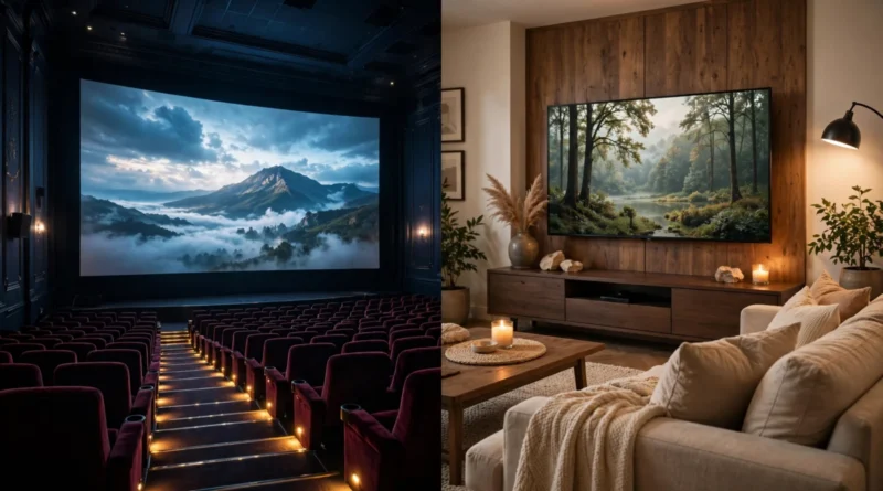 Movie theater auditorium compared with a home streaming setup