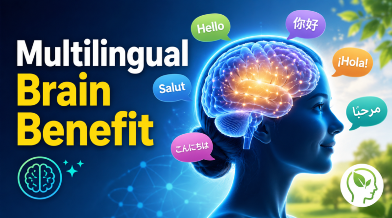 Multilingual brain illustration representing possible healthy aging benefits