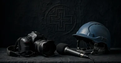 Conceptual press and hospital imagery marking the anniversary of journalists killed at Nasser Hospital