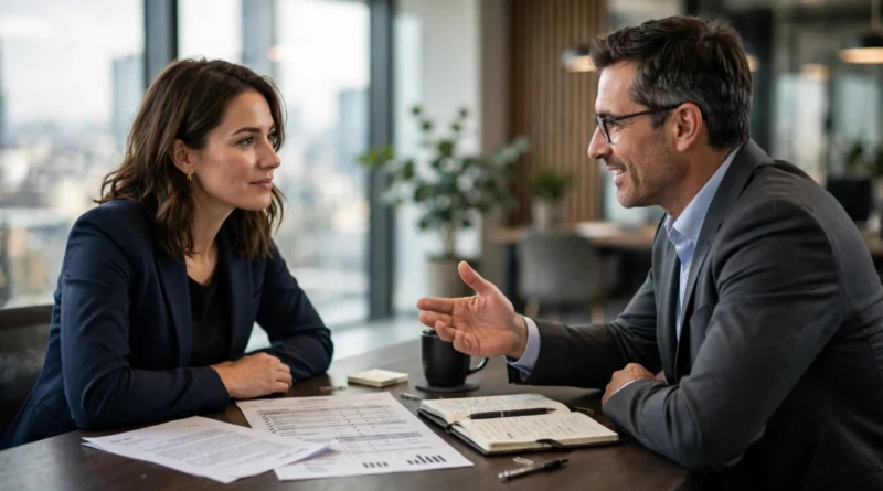 Candidate and hiring manager discussing a starting salary offer across a conference table