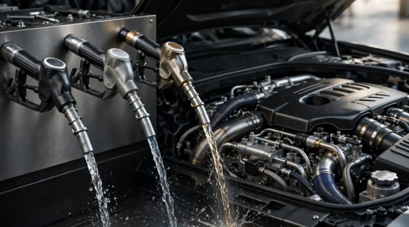 Fuel nozzles and engine illustrating gasoline octane rating choices