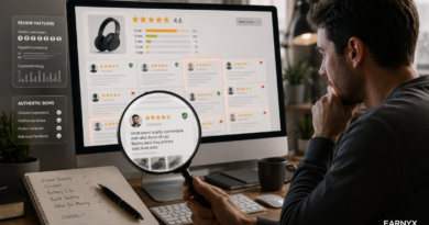 Shopper examining online star ratings and reviews for signs of manipulated feedback