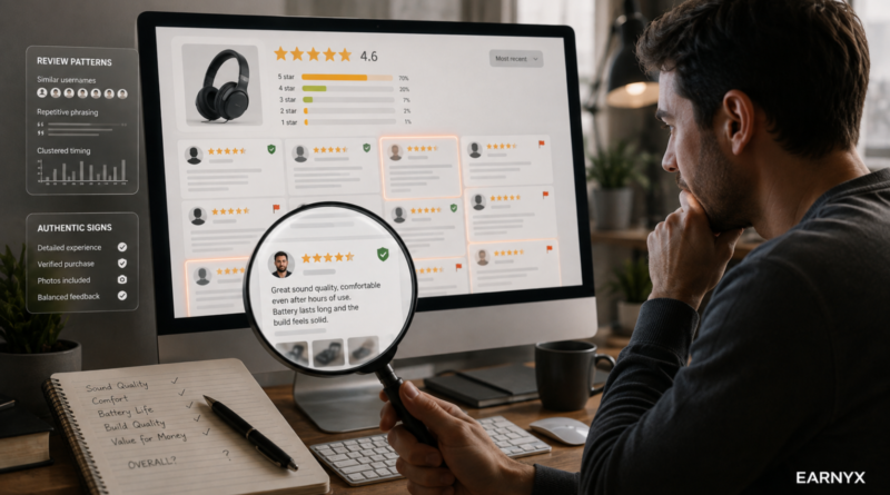Shopper examining online star ratings and reviews for signs of manipulated feedback