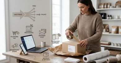 Online seller packing an order while accounting for marketplace fees, payment processing, shipping, packaging, advertising and returns.