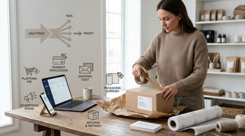 Online seller packing an order while accounting for marketplace fees, payment processing, shipping, packaging, advertising and returns.