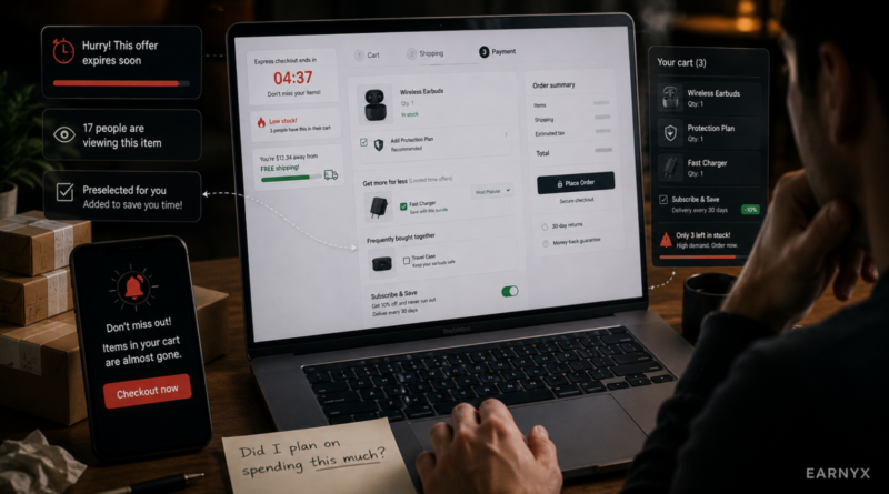 Online checkout using urgency messages and add-ons that can encourage shoppers to spend more