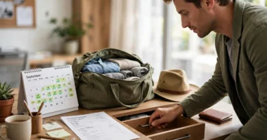 Employee preparing for paid time off with vacation calendar, travel bag, and benefits information